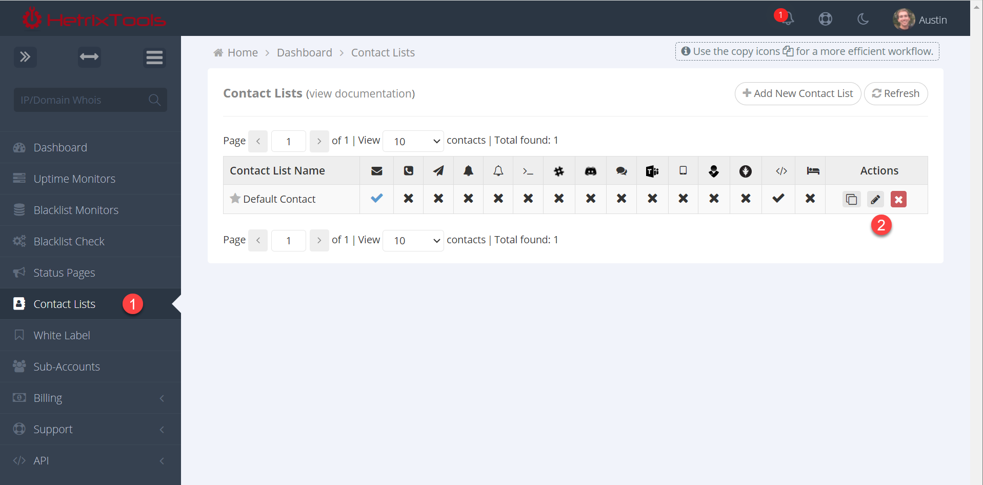 Navigate to Contact Lists and then click the Pencil button.