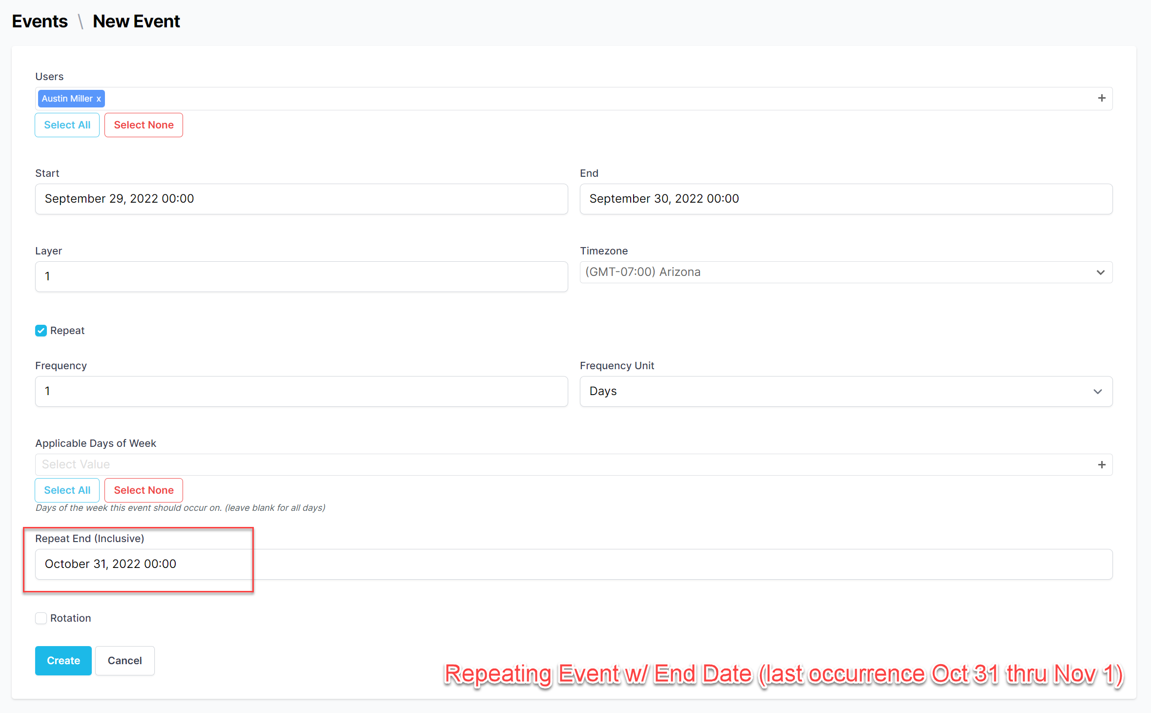 repeating event with end date