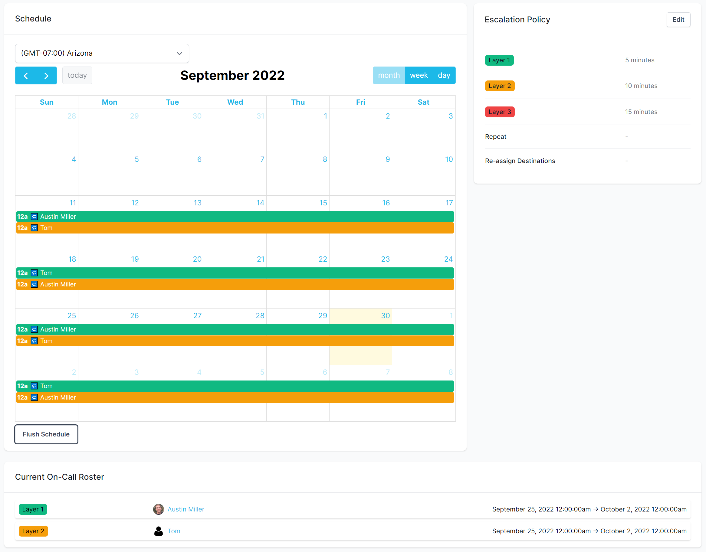 Team on-call schedule and escalation policy